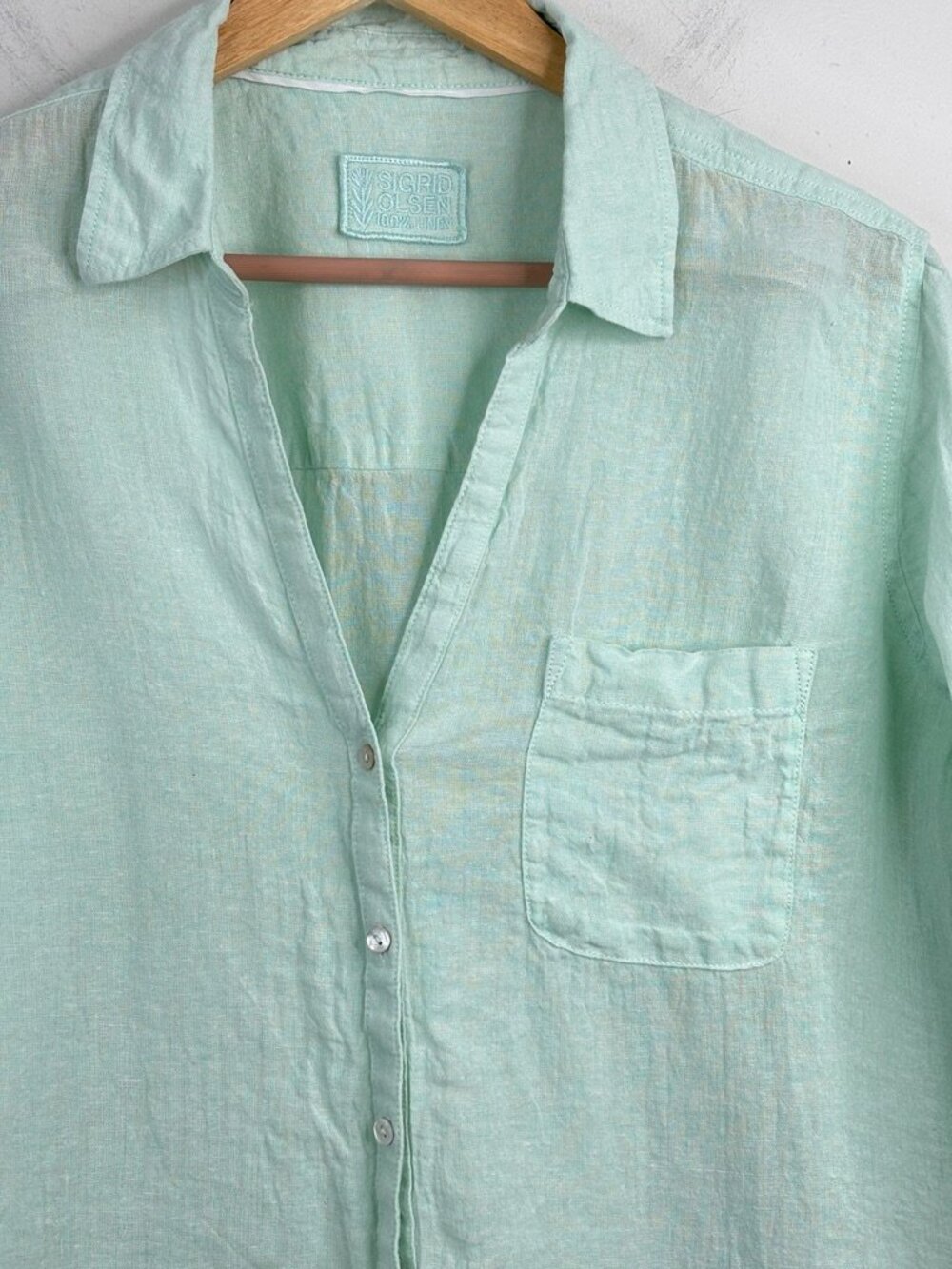 Sigrid Olsen 100% Linen Button Up Top XL Mint Green Lightweight Beach Cover Up - Picture 2 of 9